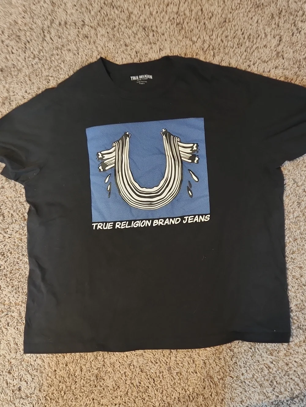 True Religion Black Short Sleeve Tee with Blue Graphic Horseshoe Square
